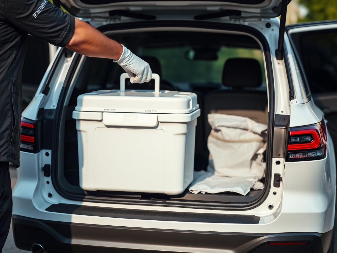 Medical courier loading an insulated specimen cooler into a white SUV