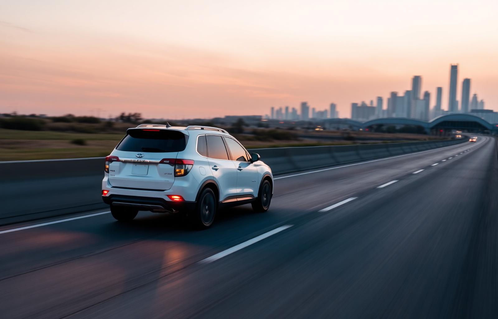 White medical courier SUV on a Texas highway at dawn